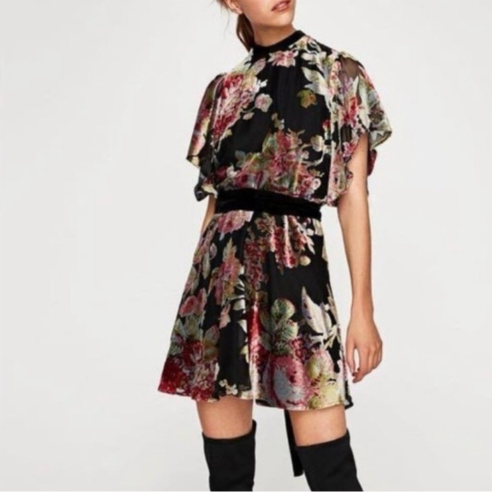 Zara Devore Floral Velvet Holiday•Party Dress Size XXL -Black•Open Back•NWT